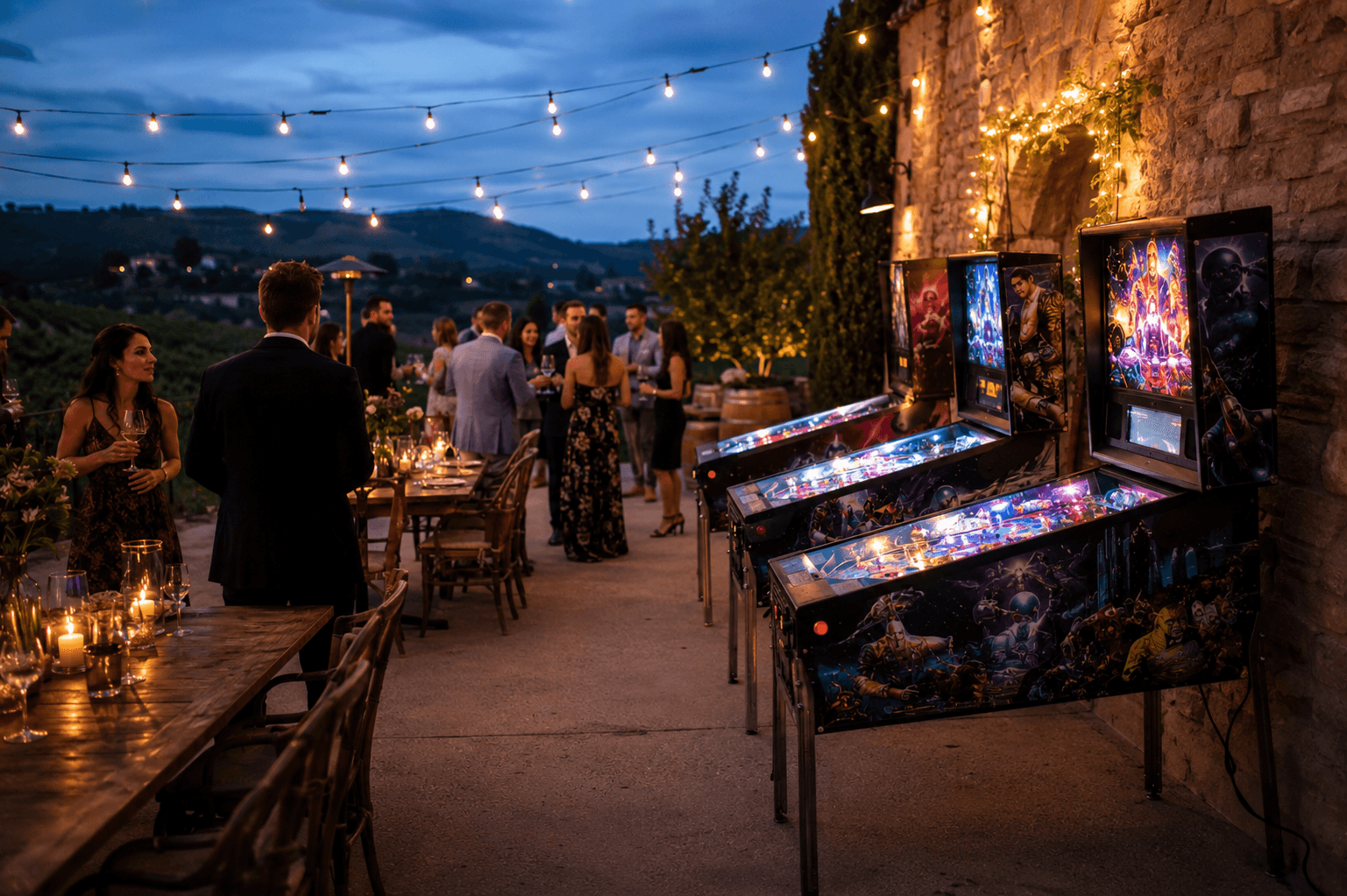 Pinball machines glowing at an outdoor Napa Valley winery dinner at dusk